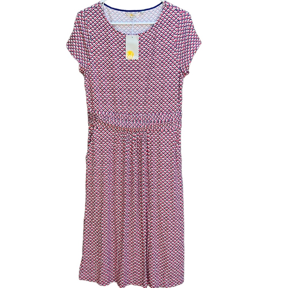 Boden 10L Amelie Red, White, and Navy Geometric Jersey Dress